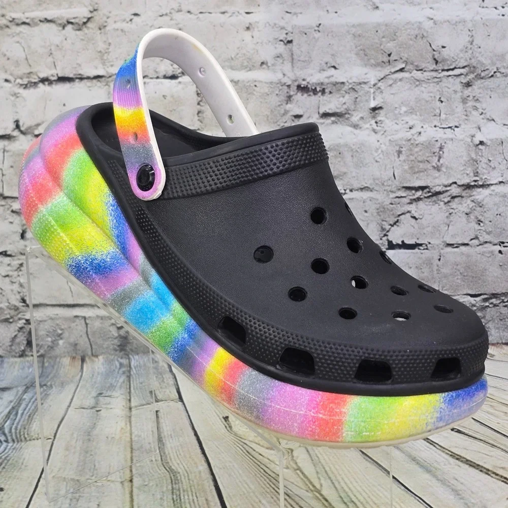 Crocs Classic Crush Clog Mens 11 Black Rainbow Tie Dye Chunky Platform Sandals